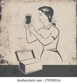 Girl touching new mobile phone taken out of the box retro vector illustration