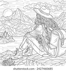 Una niña turista con una mochila se sienta en una piedra y mira a las montañas. Libro de colorear antistress para niños y adultos. Ilustración aislada sobre fondo blanco. Estilo Zen-enrejado. Dibujo a mano