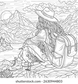 A girl tourist with a backpack sits on a stone with a seagull.Coloring book antistress for children and adults. Illustration isolated on white background.Zen-tangle style. Hand draw