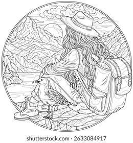 A girl tourist with a backpack sits on a stone with a seagull  in a round frame.Coloring book antistress for children and adults. Illustration isolated on white background.Zen-tangle style. Hand draw