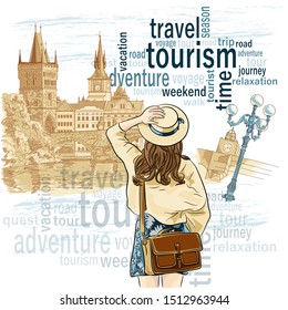 Girl tourist with a bag behind her back. Travel concept flat vector illustration for banner, poster, template, layout, website, postcard