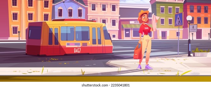 Girl tourist with bag and map on city street. Vector cartoon illustration of autumn cityscape with houses, buildings, road with pedestrian crosswalk, tram and young woman on sidewalk