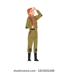 Girl Tourist Character, Woman in Explorer Outfit Standing with Backpack, Summer Adventure Trip Cartoon Style Vector Illustration