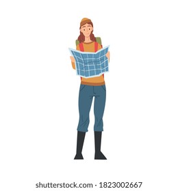 Girl Tourist Character, Young Woman Standing with Backpack and Map in her Hands, Summer Adventure Trip Cartoon Style Vector Illustration