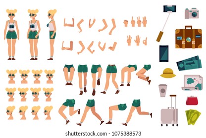 Girl tourist creation kit. Set of different body parts, face emotions, gestures and travel accessories of young female cartoon vacation traveller. Flat vector illustration.