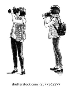 Girl tourist photographing on camera, brunette in sunglasses, sketch, realistic hand drawn vector illustration