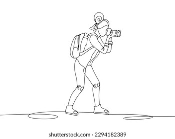 Girl tourist takes a photo. Leisure excursion. Girl with a backpack and a camera. World Responsible Tourism Day. One line drawing for different uses. Vector illustration.