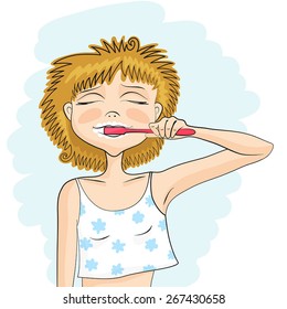 Girl with tousled hairs is brushing his teeth, with her eyes closed. Hygienic procedures