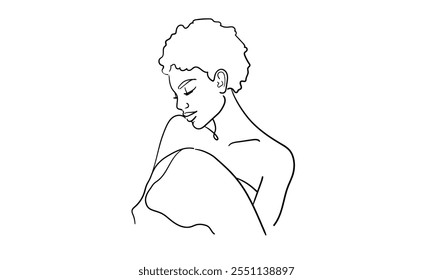 Girl in a towel continuous line art drawing isolated on white background. Spa salon. Vector illustration