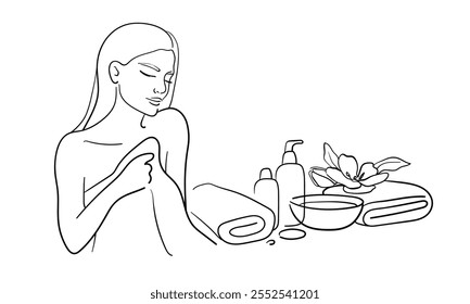 Chica en una toalla de línea continua de dibujo de arte aislado sobre fondo blanco. Salón de spa. Cuidado personal y belleza. Ilustración vectorial