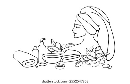 Chica en una toalla de línea continua de dibujo de arte aislado sobre fondo blanco. Salón de spa. Cuidado personal y belleza. Ilustración vectorial