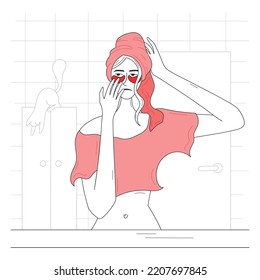 Girl with a towel on head in the bathroom. Patches due to bags under the eyes. Sleepy girl takes care of skin and gets ready. Vector illustration on white background for website design and beauty art