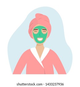 A Girl With A Towel On Her Head And A Facemask. SPA. Beauty Procedure. 