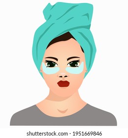 Girl with a towel on her head and with cosmetic patches under her eyes. Vector illustration.