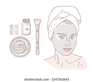 Girl with a towel on her head, spa treatment. Cleansing face mask, problem skincare. Cosmetic clay powder, brush for applying the product. Inscription detox mask. Line drawing, vector illustration