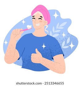 Girl with towel on her head brushing her teeth. Feeling clean after bath. Daily body care routine. Personal oral hygiene. Caries prevention. Vector illustration in cartoon style.