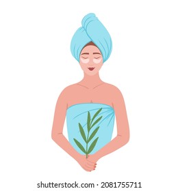 Girl in towel, woman with a towel on the head after shower or bath. Vector illustration for spa, beauty, printing, backgrounds, greeting cards, textile, seasonal design. Isolated on white background.