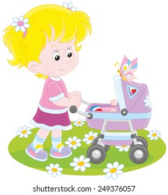 Girl with a toy baby buggy