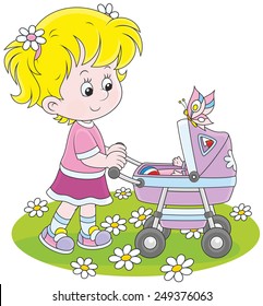 Girl with a toy baby buggy