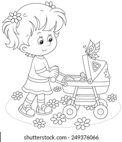 Girl with a toy baby buggy