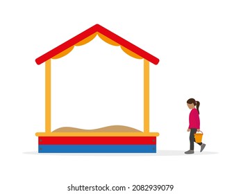 Girl with a toy bucket in hand goes to the sandbox on a white background