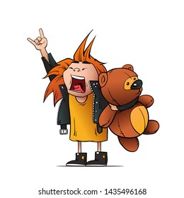 A girl with a toy in her hand listening to music. A fan of rock. Vector illustration