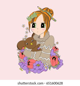Girl with a toy in her hands. In colors, with a bow and a pencil in her hair. Old teddy bear with a patchwork. Sweater with a pattern. Freehand sketch. Anime. Bright illustration.