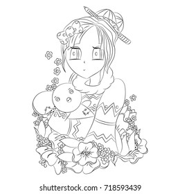 Girl with a toy in her hands. In colors, with a bow and a pencil in her hair. Old teddy bear with a patchwork. Sweater with a drawing. Freehand sketch. Anime. Cartoon, black outline.