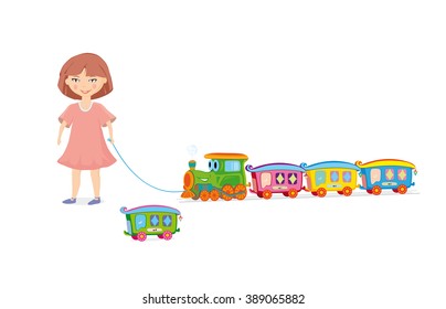 Girl and toy train, Vector illustration