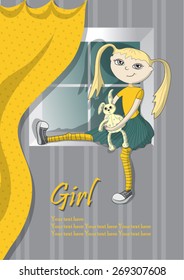 girl with a toy at the window