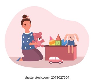 Girl with toys. Child puts his things in place, rest time, play. Character engaged in household chores, routine. Daughter helps parents. Cleanup, car, teddy, rabbit. Cartoon flat vector illustration