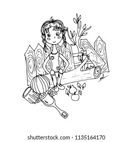 A girl with toys sits on a beam. A vector, a doodle, a sketch drawn by hand