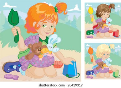 Girl with toys in sling plays in sand-box