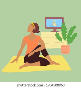 A girl in a tracksuit practices yoga on a mat at home during quarantine. Pretty young woman with dark hair does asana. Sports during self-isolation. Stock vector flat illustration isolated.