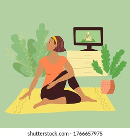 A girl in a tracksuit practices yoga on a mat at home during quarantine. Pretty young woman with dark hair does asana. Sports during self-isolation. Stock vector flat isolated.