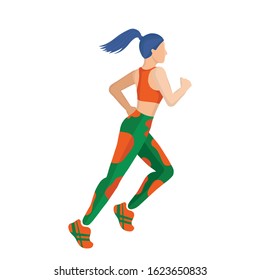 A girl in a tracksuit is running. Doing sports. Art concept of a running woman.  Woman daily life, everyday. Flat modern color vector isolated illustration.