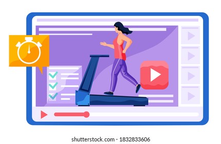 Girl in tracksuit running on the treadmill. Completed tasks per day. Training program for beginners and experienced athletes. The woman adheres to a healthy lifestyle. Running plan for the day