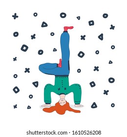 A girl in a tracksuit stands on her hands upside down and meditates. vector illustration hand drawn.