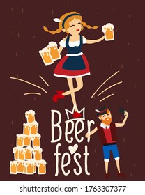 Girl in traditional bavarian costume is dancing with a glass of beer. Oktoberfest beer festival. Man in traditional bavarian costume take a selfie. Beer festival logo illustration.