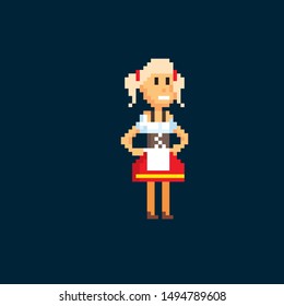 Girl in a traditional Bavarian costume. pixel art icon. 8-bit. Element design for mobile app, web, sticker, logo. Game assets sprite. retro graphic.