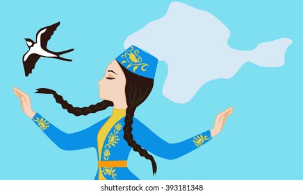 Girl in traditional clothes of the Crimean Tatar, which forms a veil silhouette Crimea