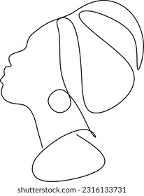 Girl in traditional ethnic headwear turban continuous line drawing, tattoo, print for clothes and logo design, t-shirt, african female silhouette single line on a white background, isolated vector.