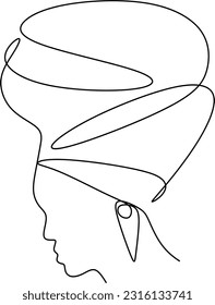 Girl in traditional ethnic headwear turban continuous line drawing, tattoo, print for clothes and logo design, t-shirt, african female silhouette single line on a white background, isolated vector.