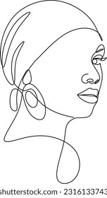 Mädchen in traditioneller ethnischer Kopfbekleidung turban kontinuierliche Linie Zeichnung, Tattoo, Druck für Kleidung und Logo Design, T-Shirt, afrikanische weibliche Silhouette einzelne Linie auf weißem Hintergrund, einzelne Vektorgrafik.