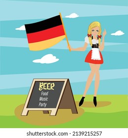 Girl with traditional german clothes and german Flag Pub promotion Vector
