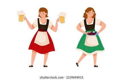 Girl in traditional German clothes with mugs of beer. People celebrating Oktoberfest beer festival vector illustration