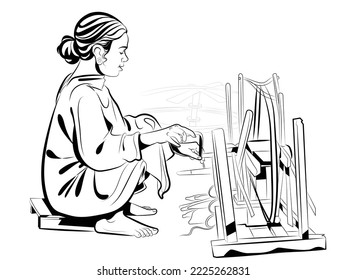 Girl Traditional Handloom Weaver, Village Local Weavers Making Cloth For Scarves