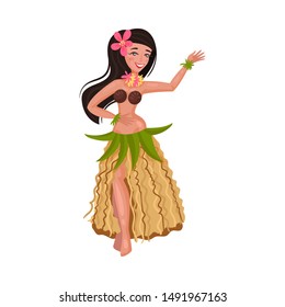 Girl in a traditional Hawaiian costume. Vector illustration on a white background.