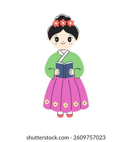 Girl in traditional Korean Clothing Reading Book. Cute Young Woman in Hanbok standing and holding textbook. Student Pupil Education Mascot. Flat Vector illustration