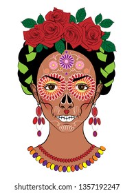 girl with traditional Mexican hair and makeup, a tradition for the feast of the Day of the dead and the Day of angels